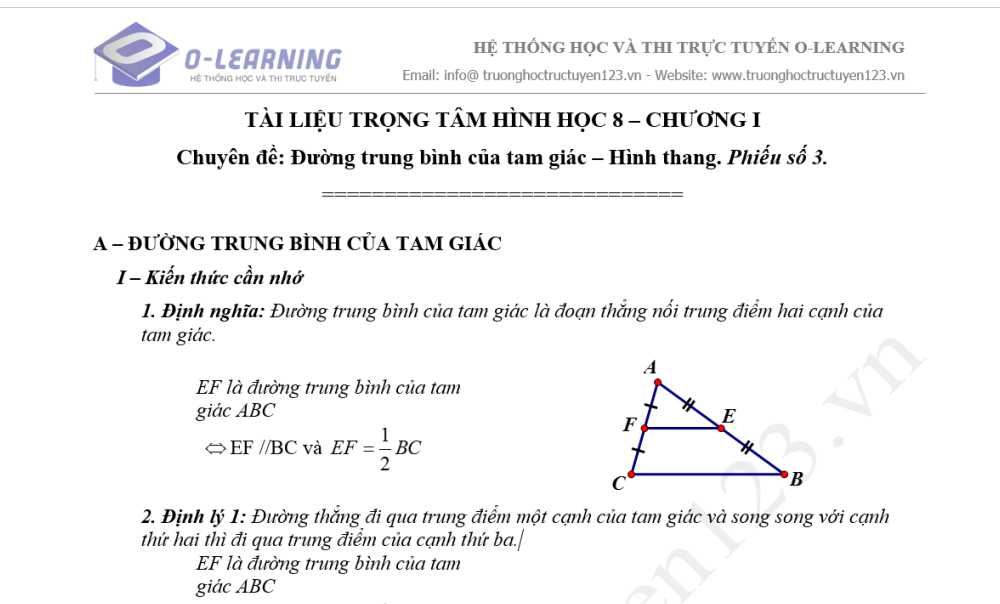 Toán 8. Tài liệu Hình học Trọng tâm  Chương 1. Phiếu 3 Chuyên đề: Đường trung bình của Tam giác-Hình thang